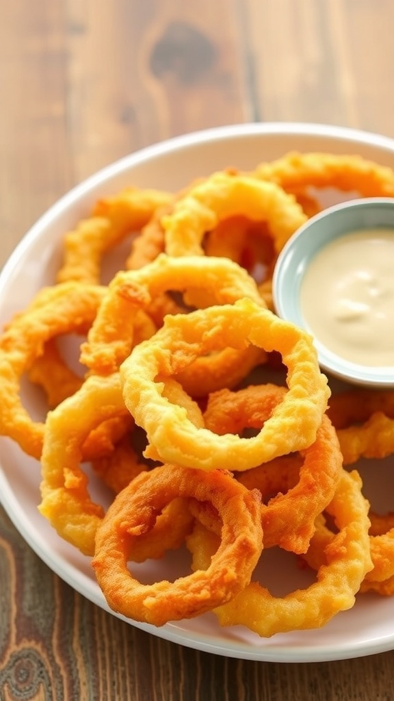 Crispy low carb onion rings on a plate with dipping sauce on a rustic table.